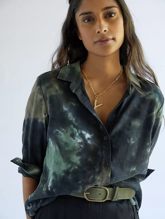 cloth & stone Tops - Cloth And StoneTie-Dye Button-Up Shirt in Dark Green and Black And Brown